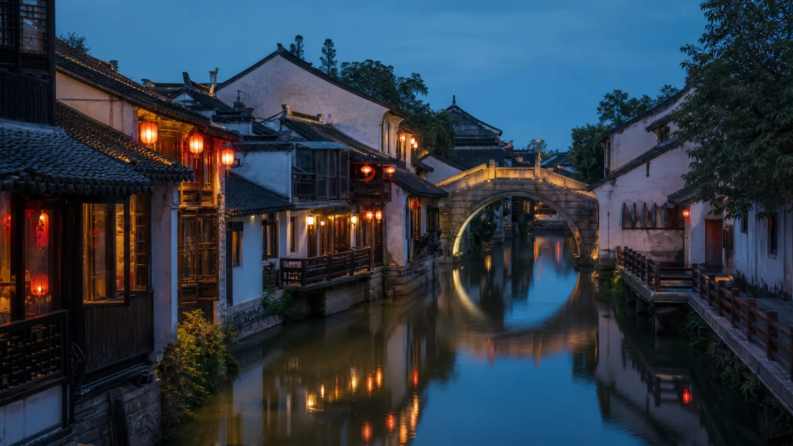 Traditional houses beside a Jiangnan water town canal
